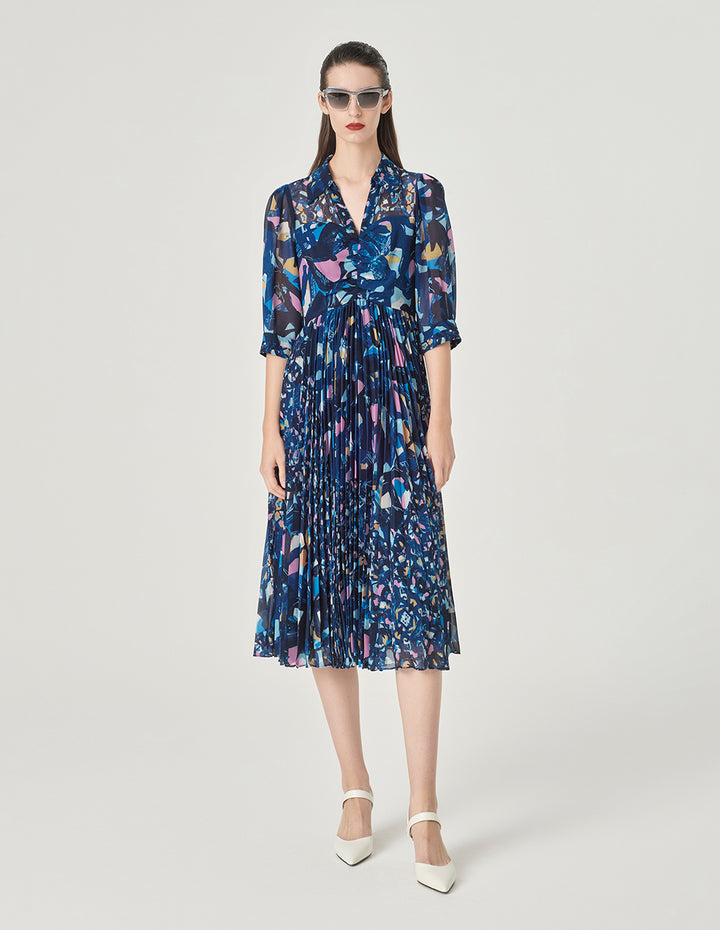 MARYLING V-Neck Shirt Style Printed Half-Sleeves Midi Dress