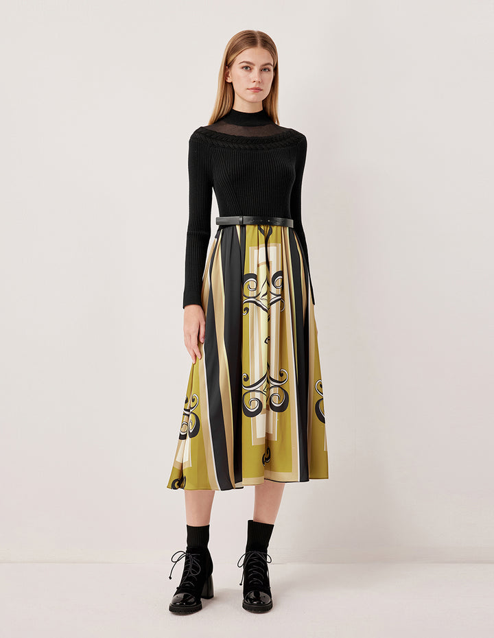 MARYLING Semi-High Neck Long Sleeve Knit Patchwork Print Midi Dress