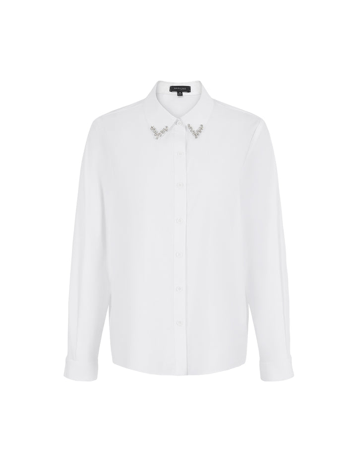 MARYLING Pearl Bead Collar Long Sleeve 100% Cotton White Blouse