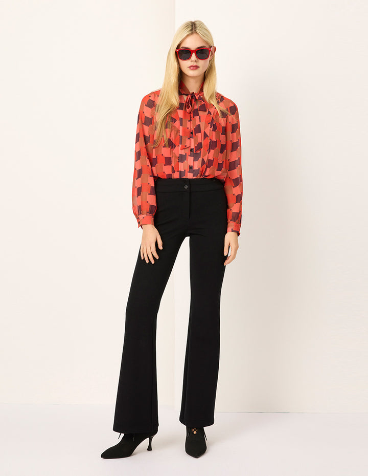 MARYLING Red Houndstooth V-Neck Tie-Front Blouse