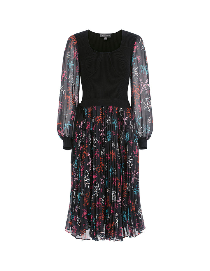 MARYLING Knitted Patchwork Printed Long-Sleeved Pleated Midi Dress