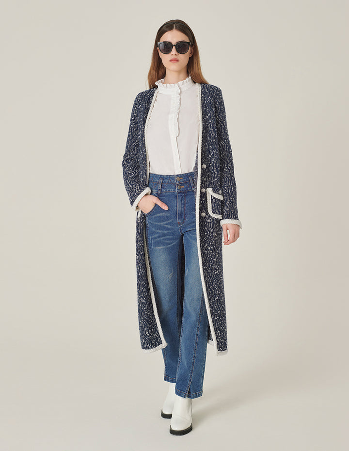 MARYLING V-Neck Long-Sleeve Straight Tweed Knitted Long Cardigan Jacket