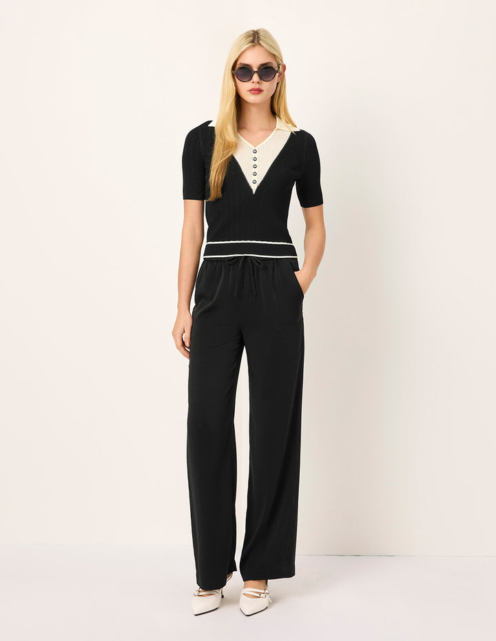 MARYLING Lapel Short-Sleeved Black And White Contrast Knitted Pullover