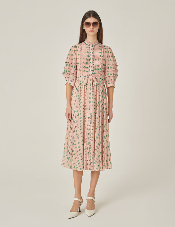 MARYLING Small Stand Collar Puff Sleeve Tree-Printed Dress