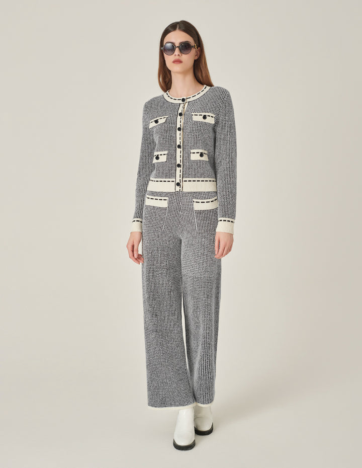 MARYLING Black & White Wool Knitted Wide-Leg Trousers