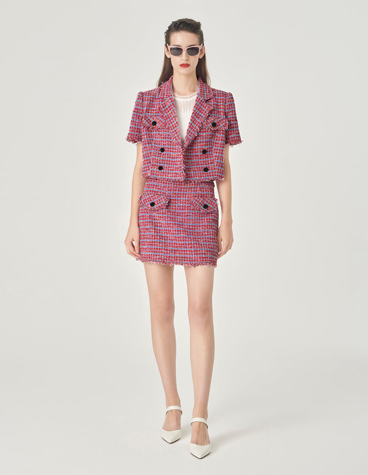 MARYLING Pink Blue Plaid Tweed Mini A Line Skirt