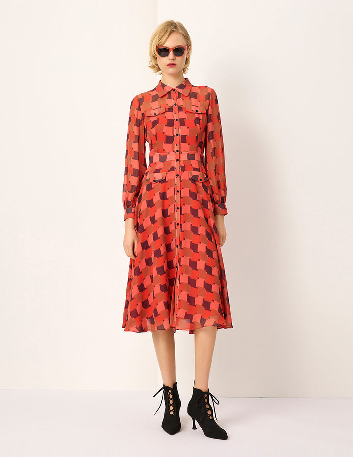 MARYLING Red Houndstooth Print Midi Shirt Dress