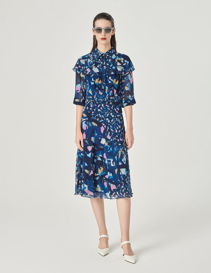 MARYLING Shirt Collar Printed Short Sleeves Midi Shirt Dress