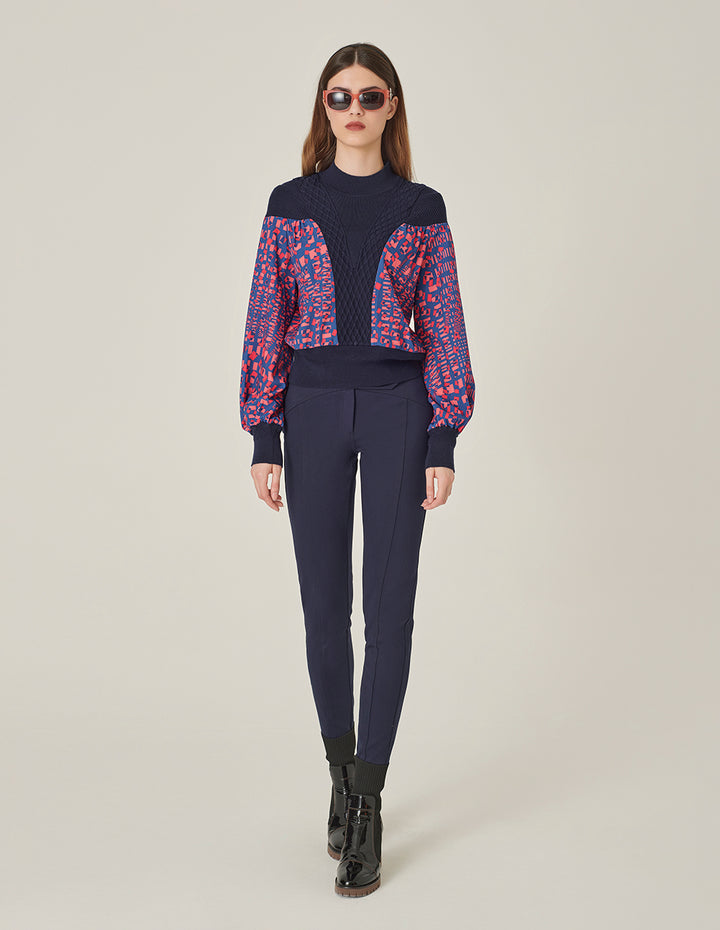 MARYLING V-Shaped Printed Patchwork Knitted Pullover