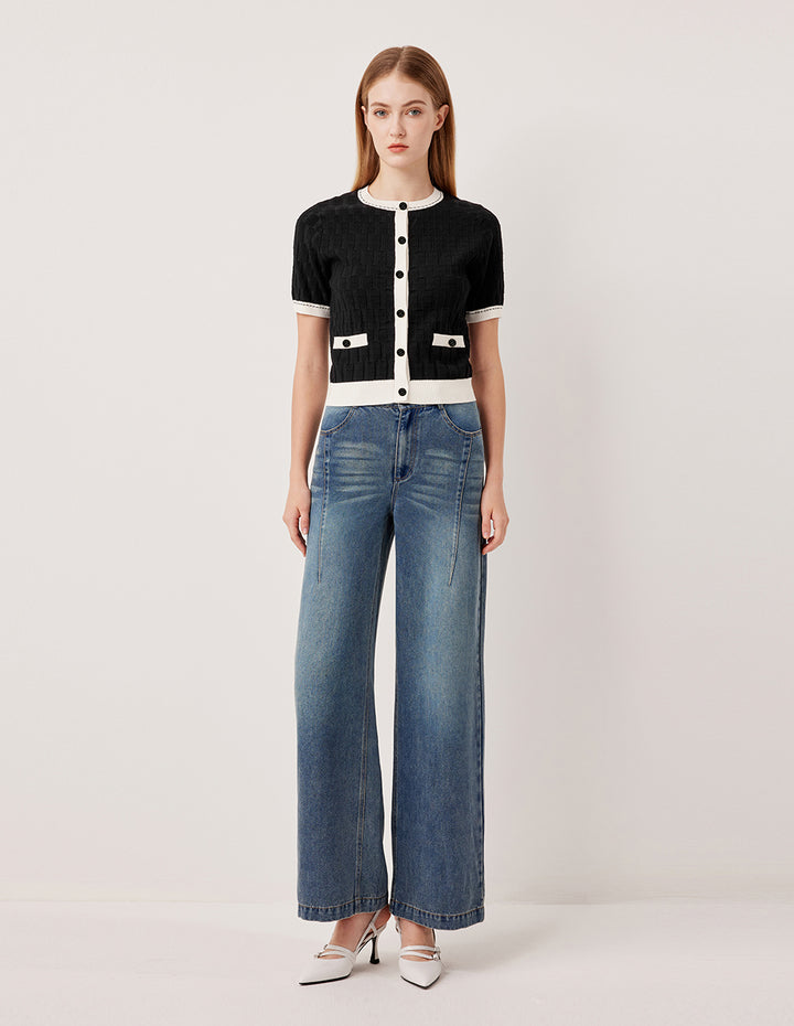 MARYLING Round Neck Half Sleeve White-Trimmed Knit Cardigan