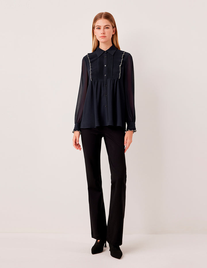 MARYLING Sheer Long-Sleeved Pintuck Ruffle-Trim Silk Blouse