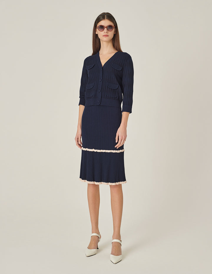 MARYLING Dark Blue V-Neck Two-Color Knitted Cardigan