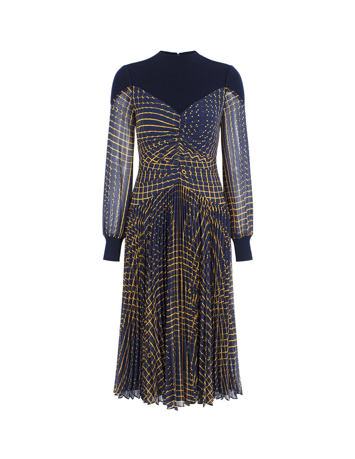 MARYLING Round Neck Knit Patchwork Plaid Pleated Midi Dress