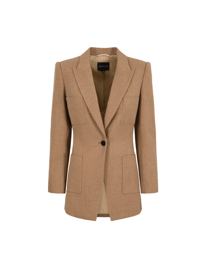 MARYLING Camel Wool Single-Breasted Midi Blazer