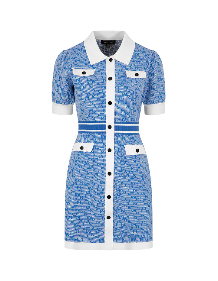 MARYLING Denim Blue T-Shirt Collar Jacquard Knitted Dress