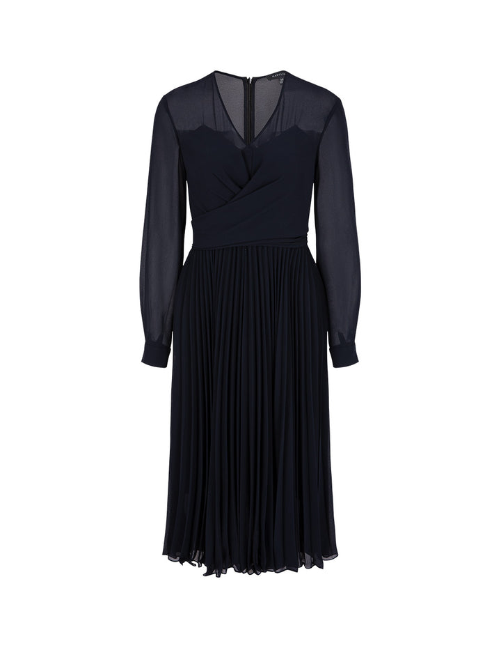 MARYLING V-Neck Long-Sleeve Wrap Tie-Waist Pleated Midi Dress
