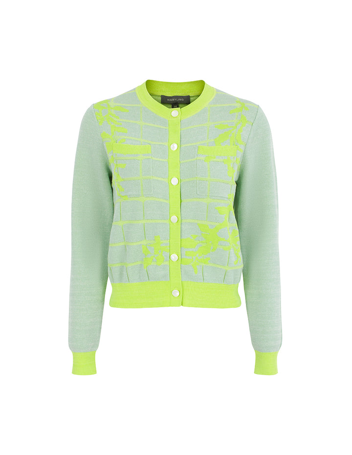 MARYLING Round-Neck Long-Sleeve Color Block Striped Flora Embroidered Knit Cardigan