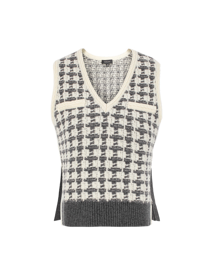 MARYLING V-Neck Sleeveless Plaid 100% Wool Knit Vest