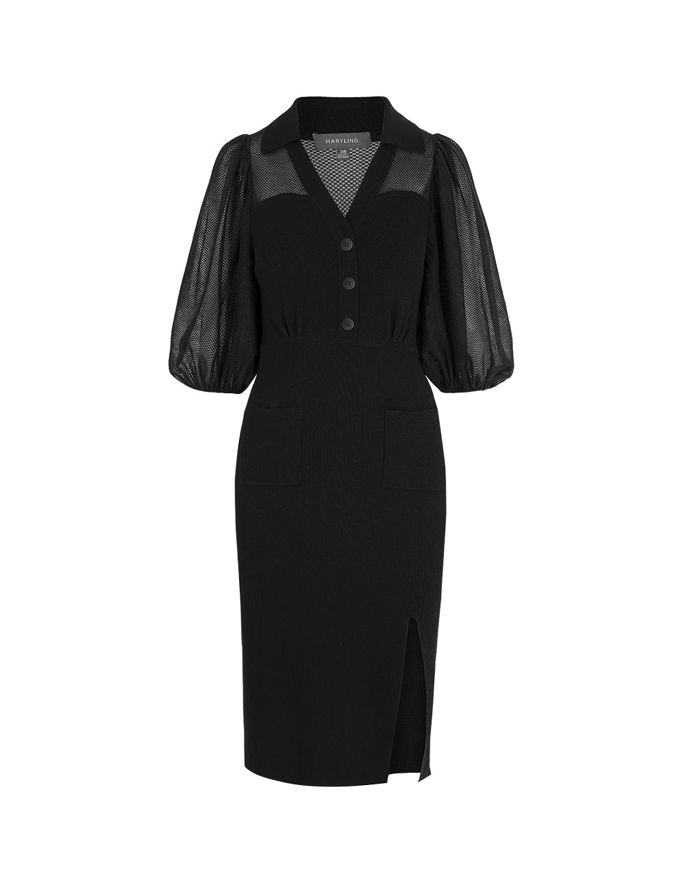 MARYLING Black Puff Sleeve Knitted Dress