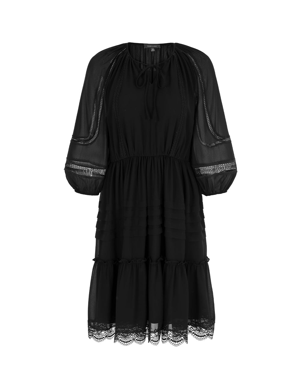 MARYLING Tie V-Neck Sheer Puff Long-Sleeves Empire-Waist Lace-Trim Flounce Silk Midi Dress