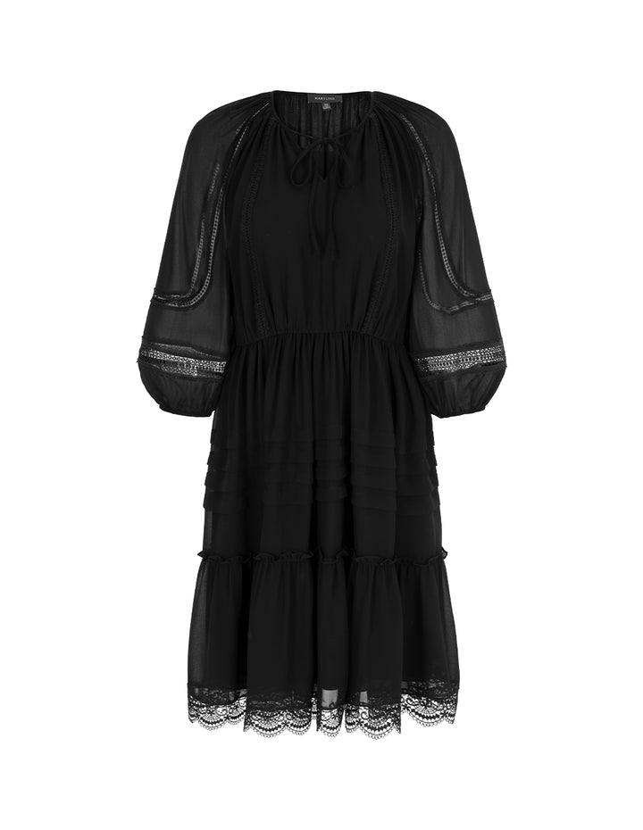 MARYLING Tie V-Neck Sheer Puff Long-Sleeves Empire-Waist Lace-Trim Flounce Silk Midi Dress