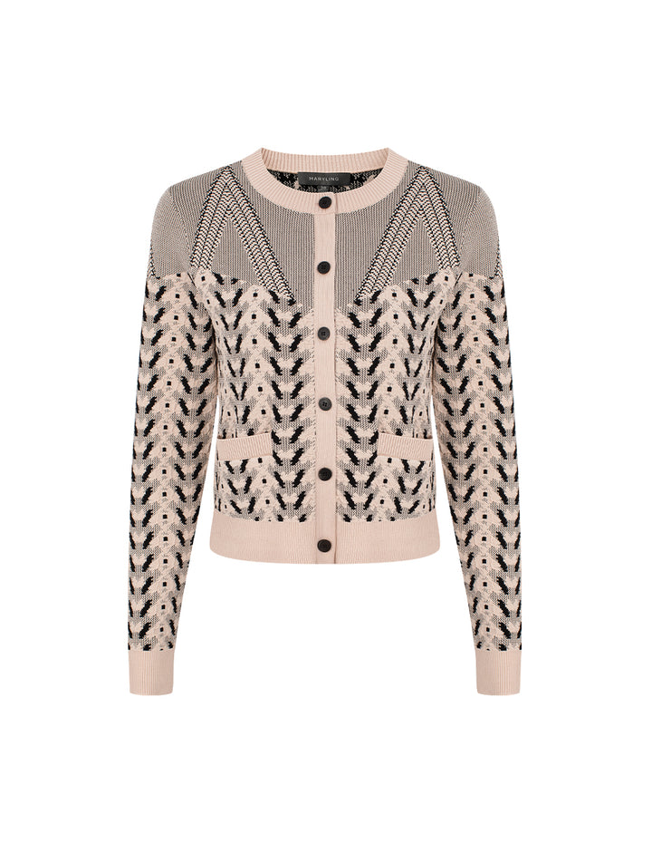 MARYLING Round Neck Geometric Print Long Sleeve Knit Cardigan