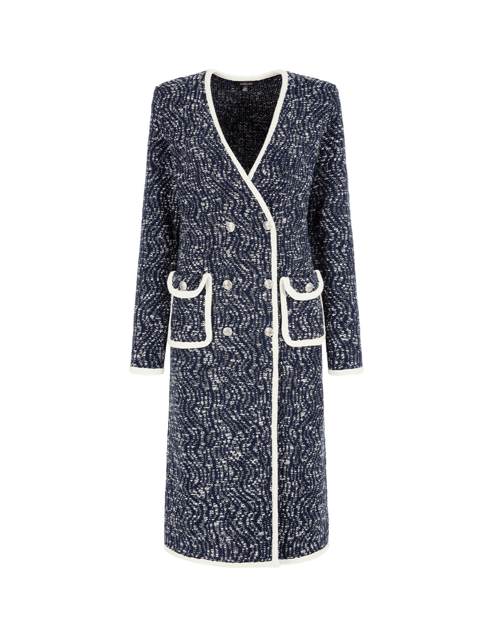 MARYLING V-Neck Long-Sleeve Straight Tweed Knitted Long Cardigan Jacket