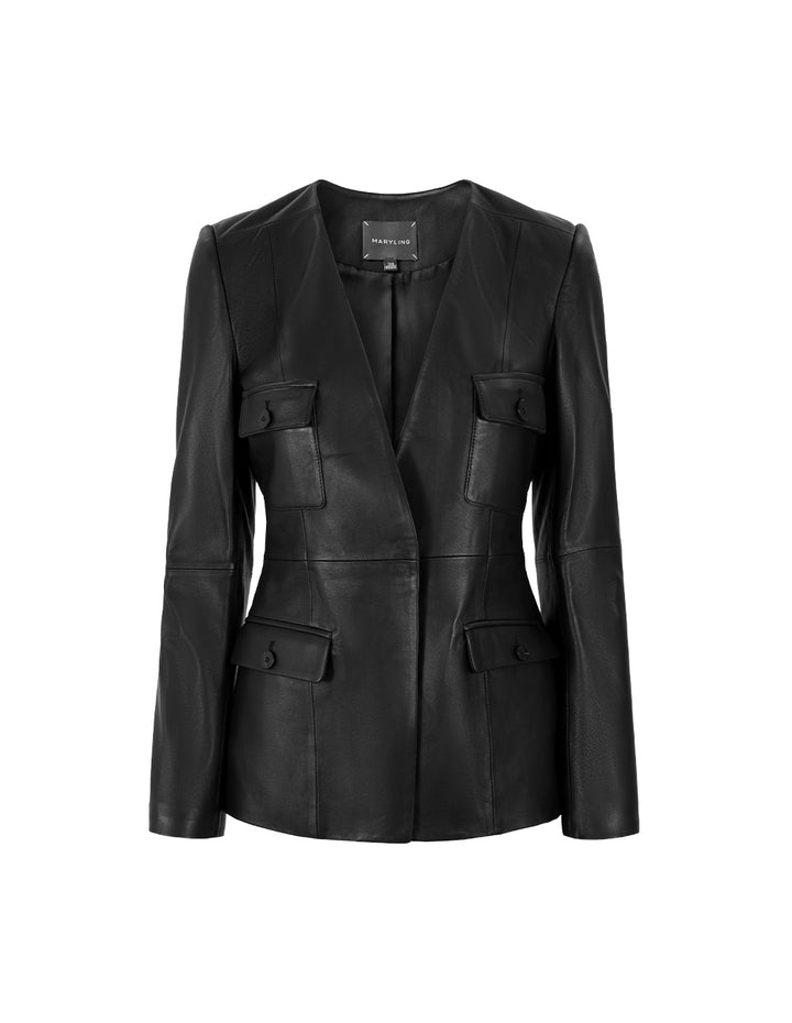 MARYLING Black Collarless Lambskin Blazer With Multiple Pockets