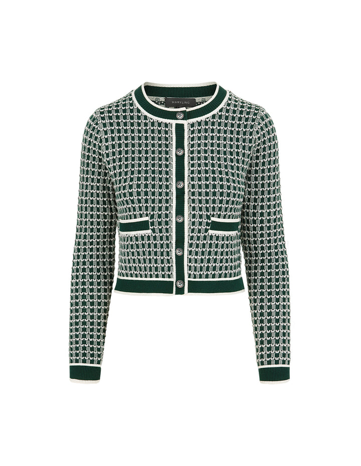 MARYLING Round Neck Glitter Checked Long-Sleeve Cropped Knitted Cardigan