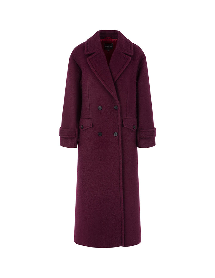 MARYLING Notched Collar Double-Breasted Angora Red Long Coat