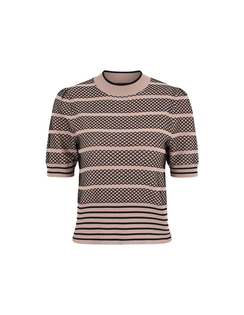 MARYLING Mock Neck Short Sleeve Lace Plaid Knit Pullover