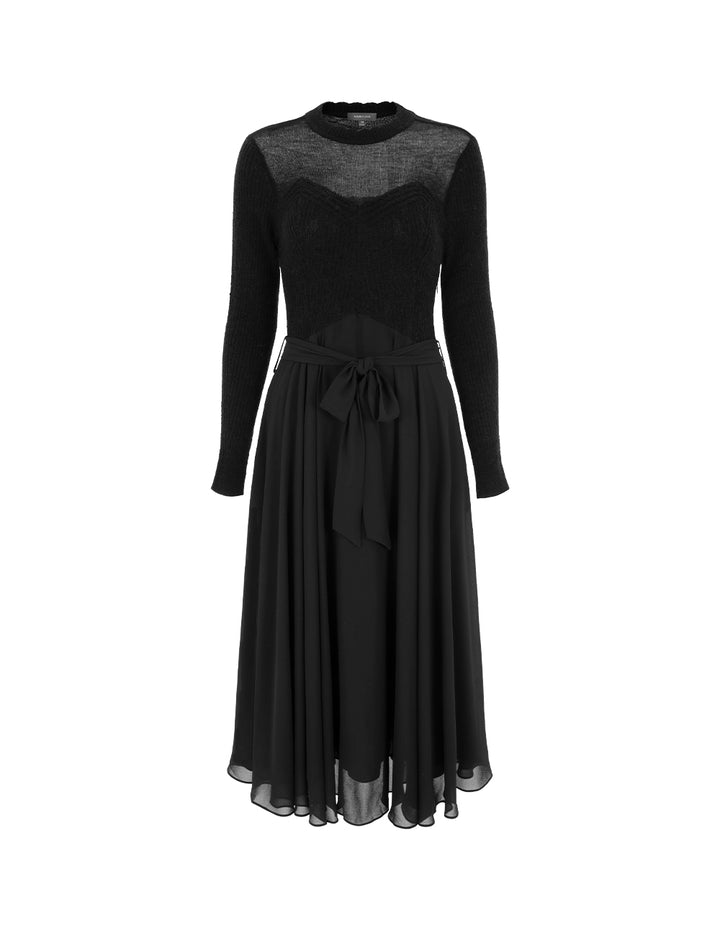 MARYLING Crew-Neck Long-Sleeve Empire Large-Hem Pleated Knitted Midi Dress