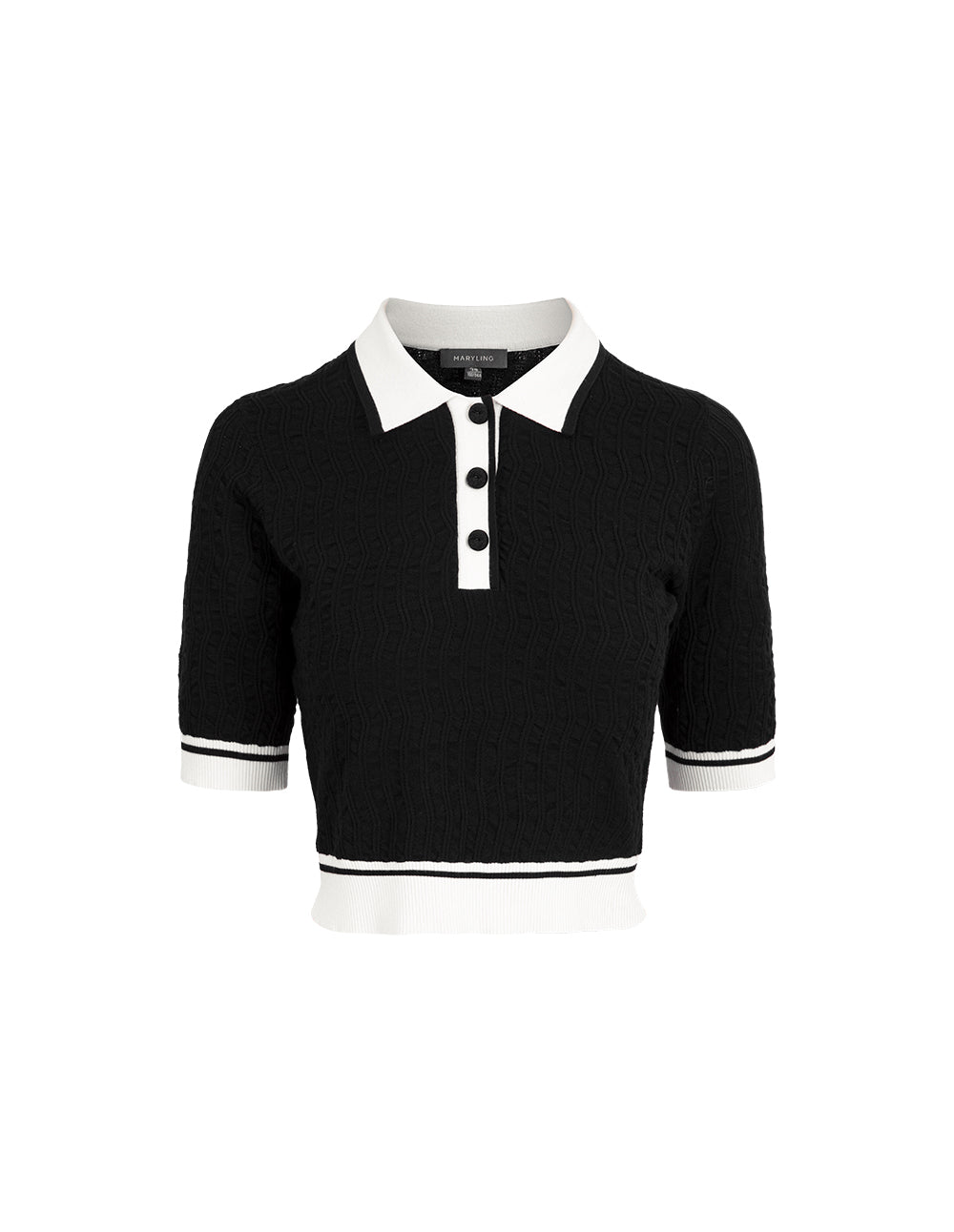 MARYLING Black And White Contrasting Short-Sleeved Polo Collar Knitted Pullover