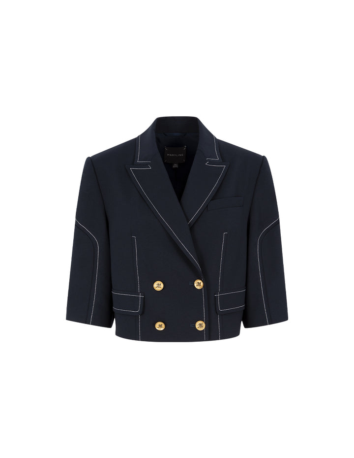 MARYLING Peaked Lapel Double-Breasted White Trim 3/4 Sleeve Jacket