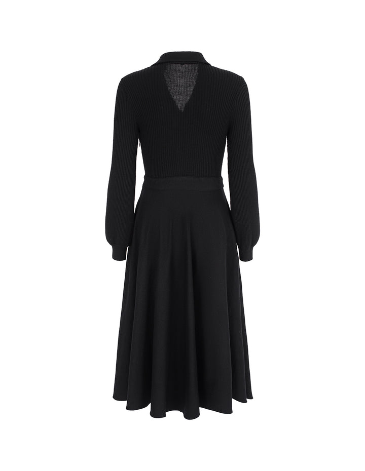 MARYLING Shirt-Collar Wrap Knitted Patchwork Pleated Midi Dress