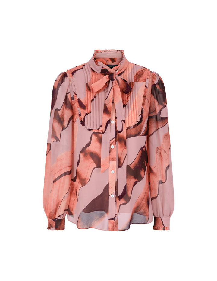MARYLING Stand Collar Long-sleeve Printed Pink Blouse