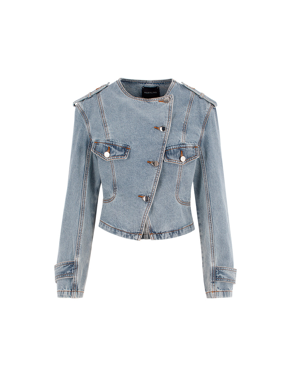 MARYLING Round-Neck Diagonal-Breasted Washed Denim Biker Jacket