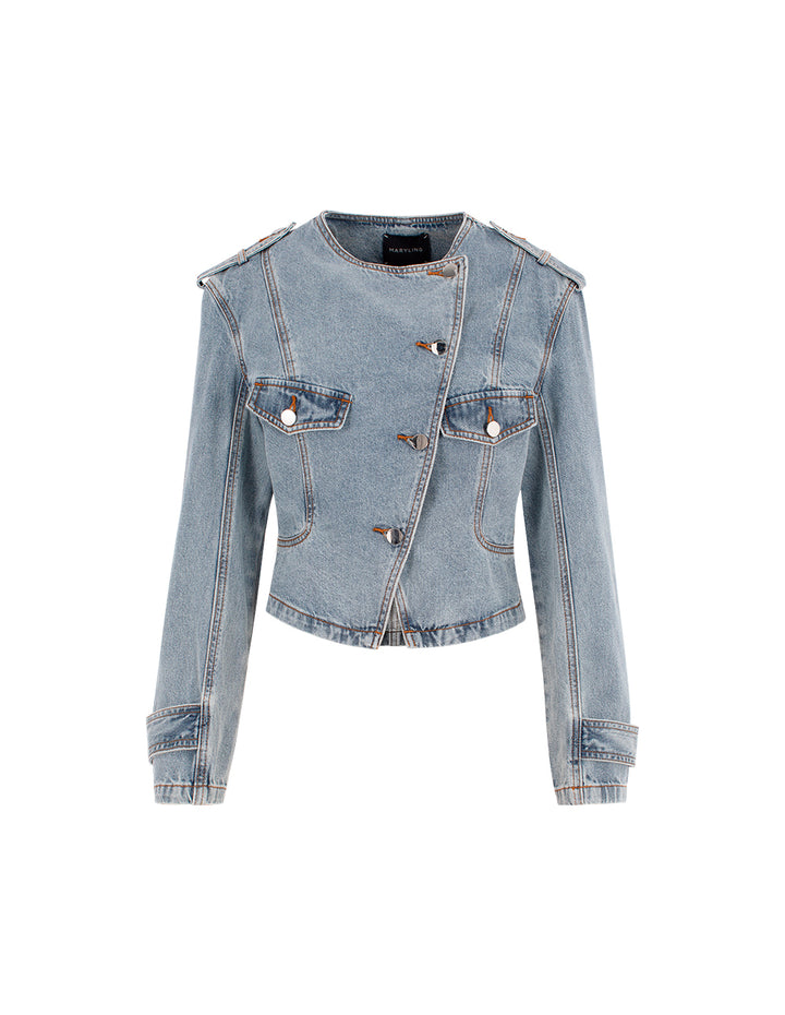 MARYLING Round-Neck Diagonal-Breasted Washed Denim Biker Jacket