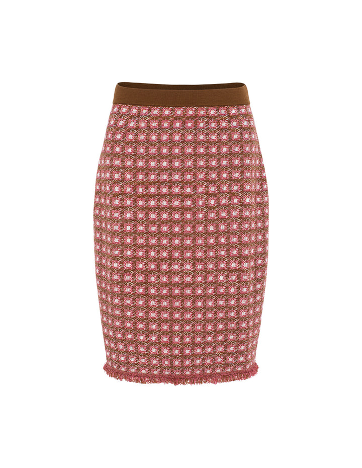 MARYLING Plaid Knit Pencil Skirt with Fringe Hem