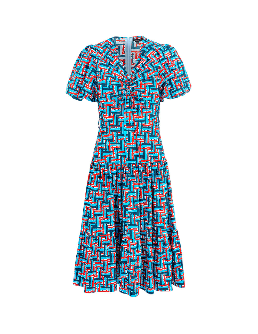 MARYLING Plaid V-Neck Puff Short Sleeve A-Hem Dress