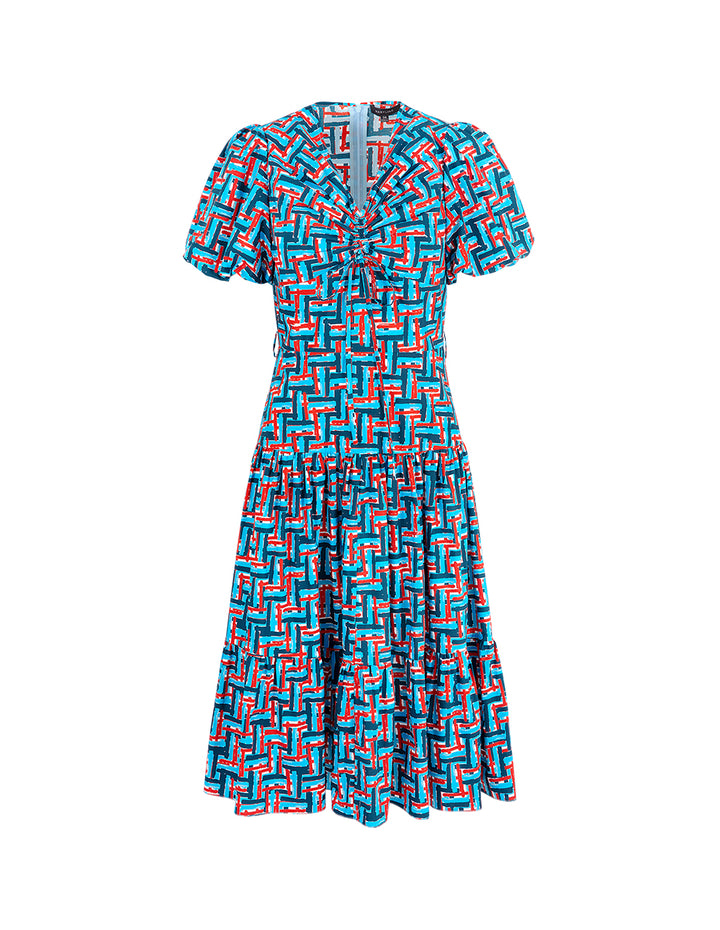 MARYLING Plaid V-Neck Puff Short Sleeve A-Hem Dress