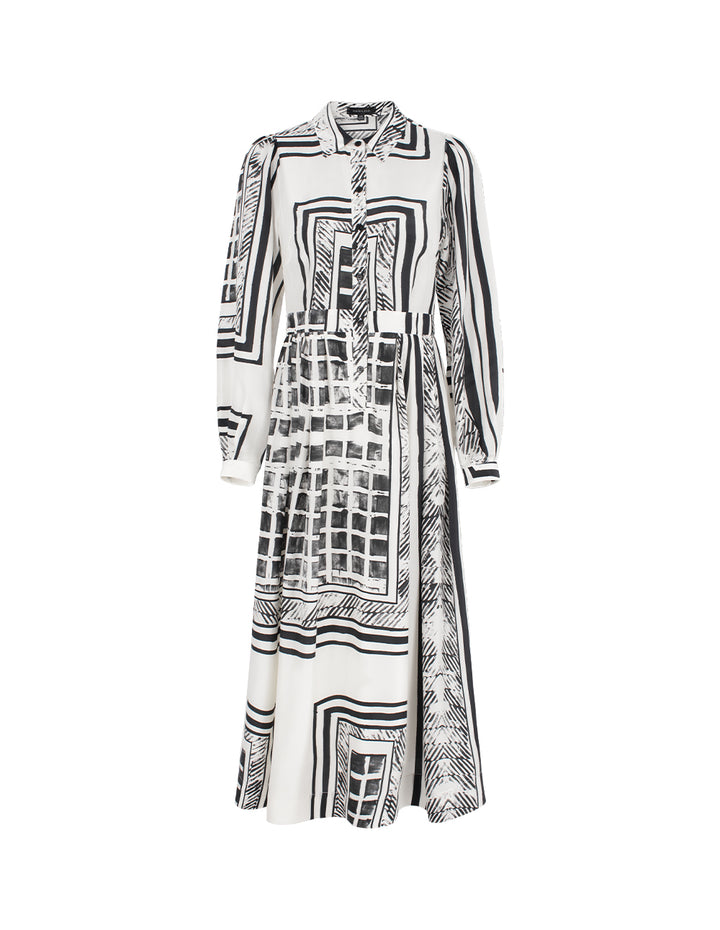 MARYLING Bubble Long Sleeve Black & White Printed Midi Shirt Dress