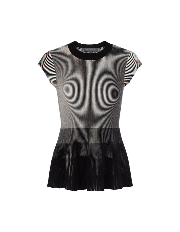 MARYLING Round Neck Short-Sleeve Black Striped Color Block Knit Top