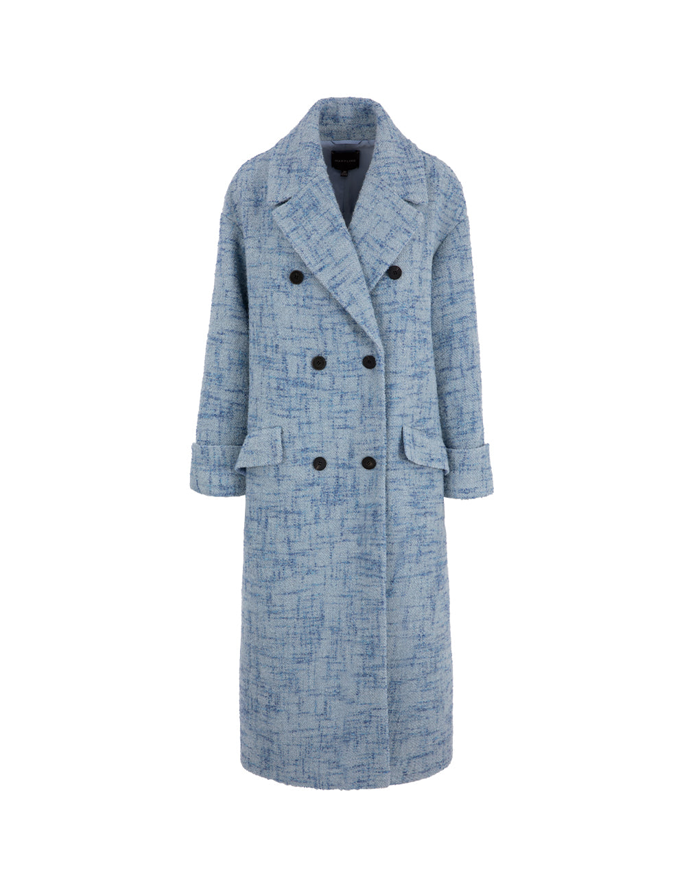 MARYLING Blue Loose Double-Breasted Long Tweed Wool Coat