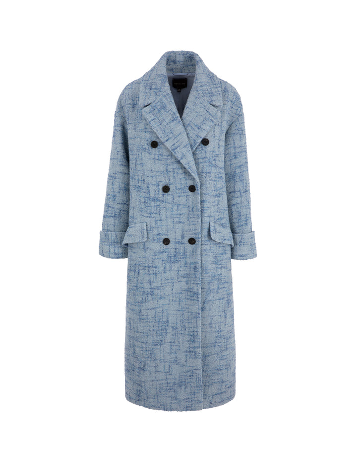 MARYLING Blue Loose Double-Breasted Long Tweed Wool Coat