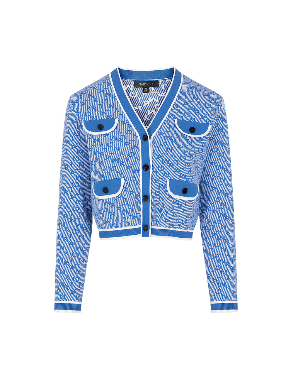 MARYLING Denim Blue V-Neck Jacquard Knitted Cardigan