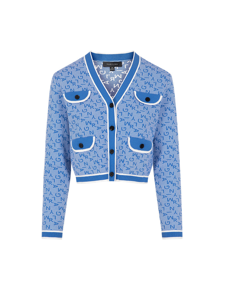 MARYLING Denim Blue V-Neck Jacquard Knitted Cardigan
