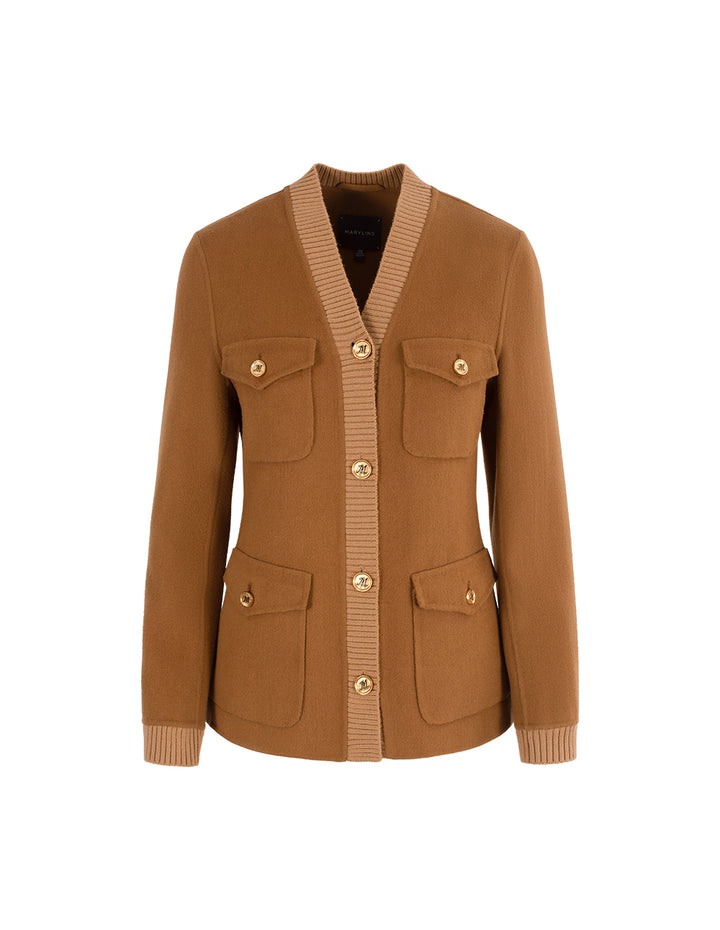 MARYLING V-Neck Long-Sleeve Multi-Pocket Short Wool Coat