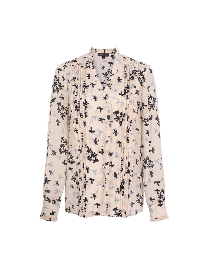 MARYLING V-Neck Long-Sleeve Leaf-Print Silk Blouse