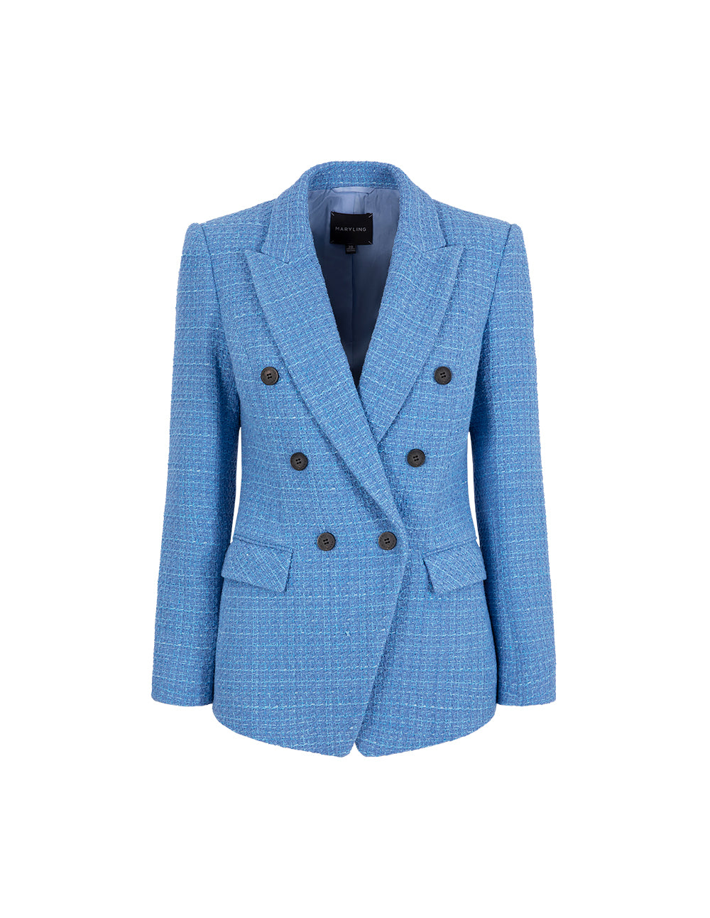MARYLING Ice Blue Tweed Peaked Lapel Double-Breasted Blazer